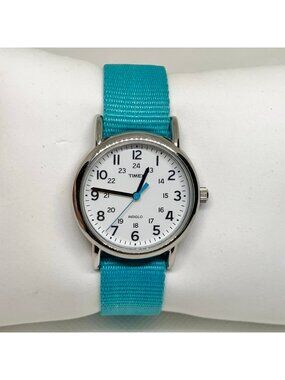 Timex indiglo women watch 31mm silver tone white dial quartz blue band running